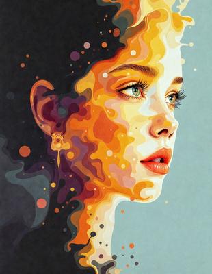 The primary subject of the image is a woman with long hair, wearing earrings. She is the main focus of the image. The setting is a colorful background, which adds to the overall atmosphere of the image. The visual style is a combination of photo and digital art, creating a unique and vibrant representation of the woman. The colors and mood of the image are lively and energetic, with a strong emphasis on the woman's features and the vivid colors of the background.